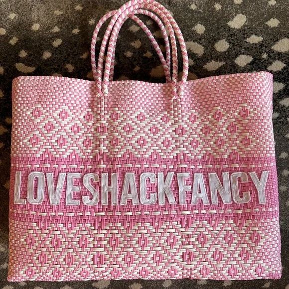Loveshackfancy x Leslie Sulman pink woven logo St Barts tote bag beach bag - Picture 3 of 10
